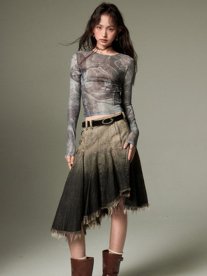 Gradient Bandage Irregular Hem Denim Skirt