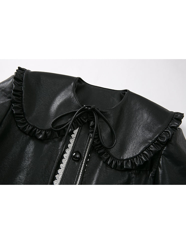 Veste en cuir en dentelle à collier détachable