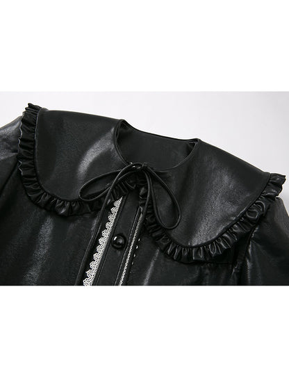 Detachable Fake Collar Lace Leather Jacket