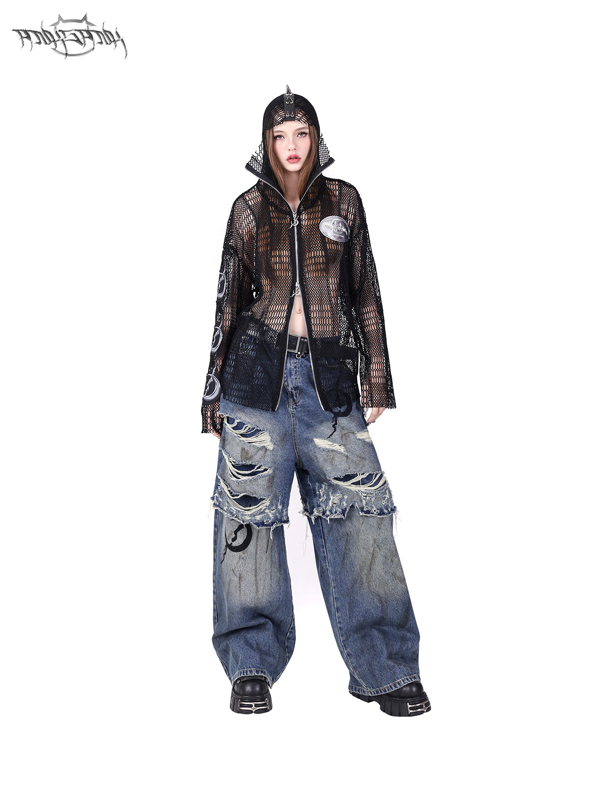 Rivet Punk Hooded Mesh Patch Embroidered Jacket