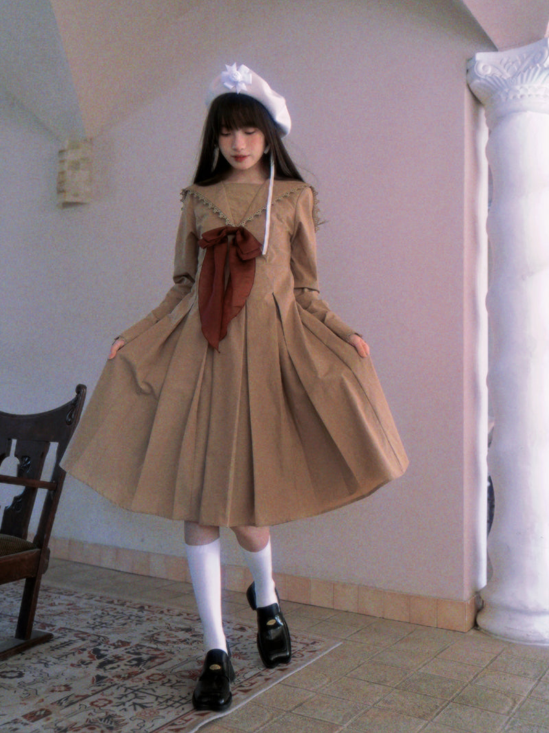 Sailor Neck Bow Pleated Dress