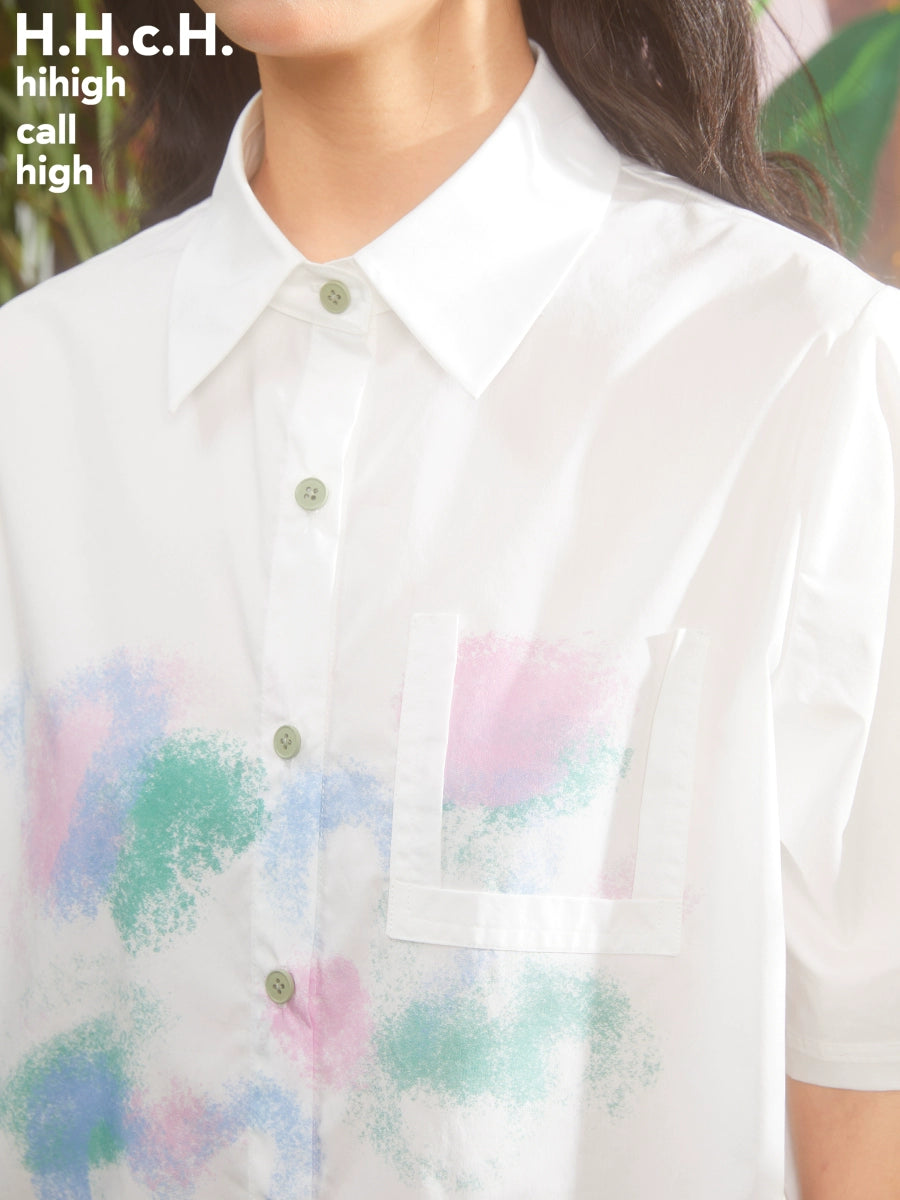 Gradient Cherry Decorated Pocket Loose Shirt