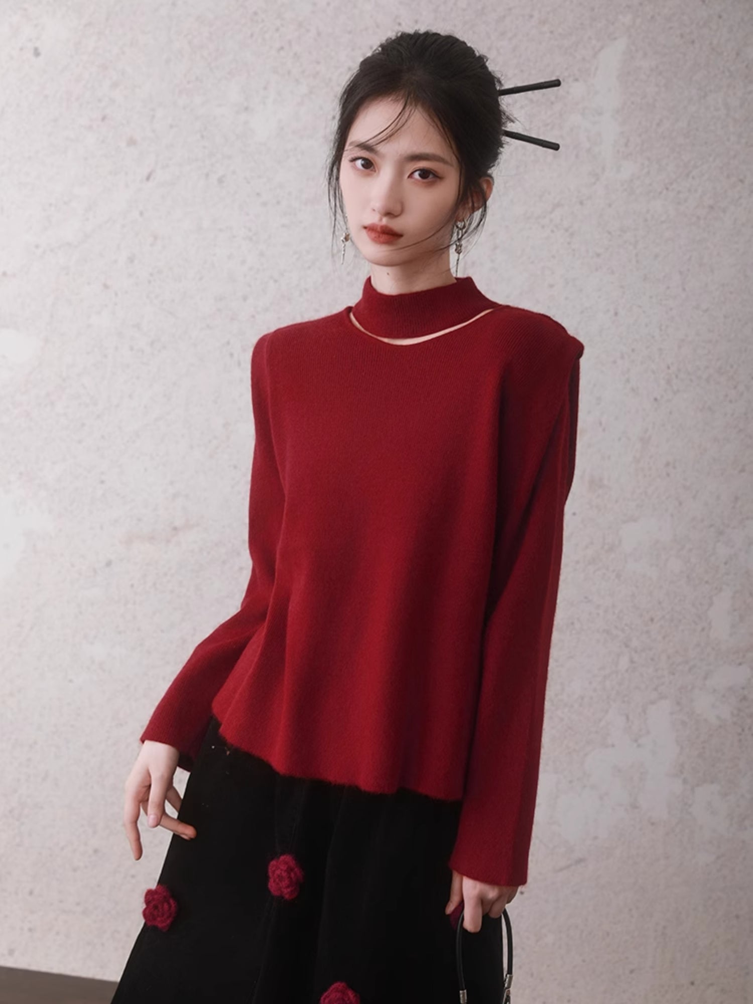 Cutout Design Bottle-Neck Knitted Sweater