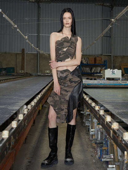 Camouflage &amp; Check Asymmetry Sleeveless Top &amp; Skirt