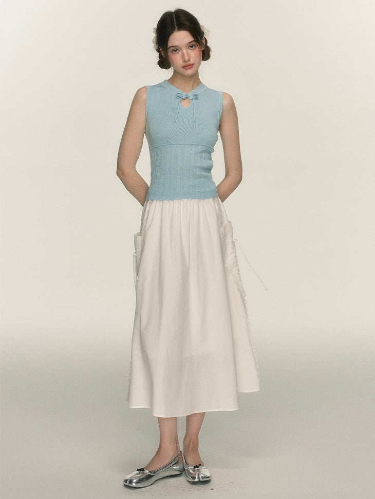 Side Lace Stitch Long Gather Skirt