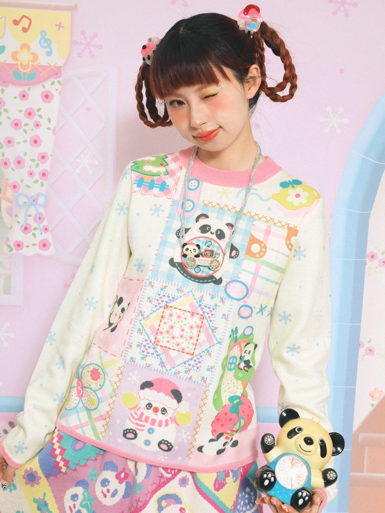 Panda Snowflake Print Round Neck Knitted Shirt