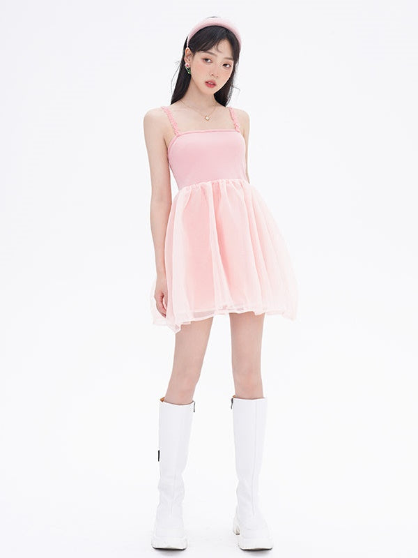 Splicing High Waist Tulle Suspender Dress