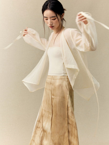 See-Through Balloon-Sleeve Asymmetry Wrap Nichi Classy Blouse