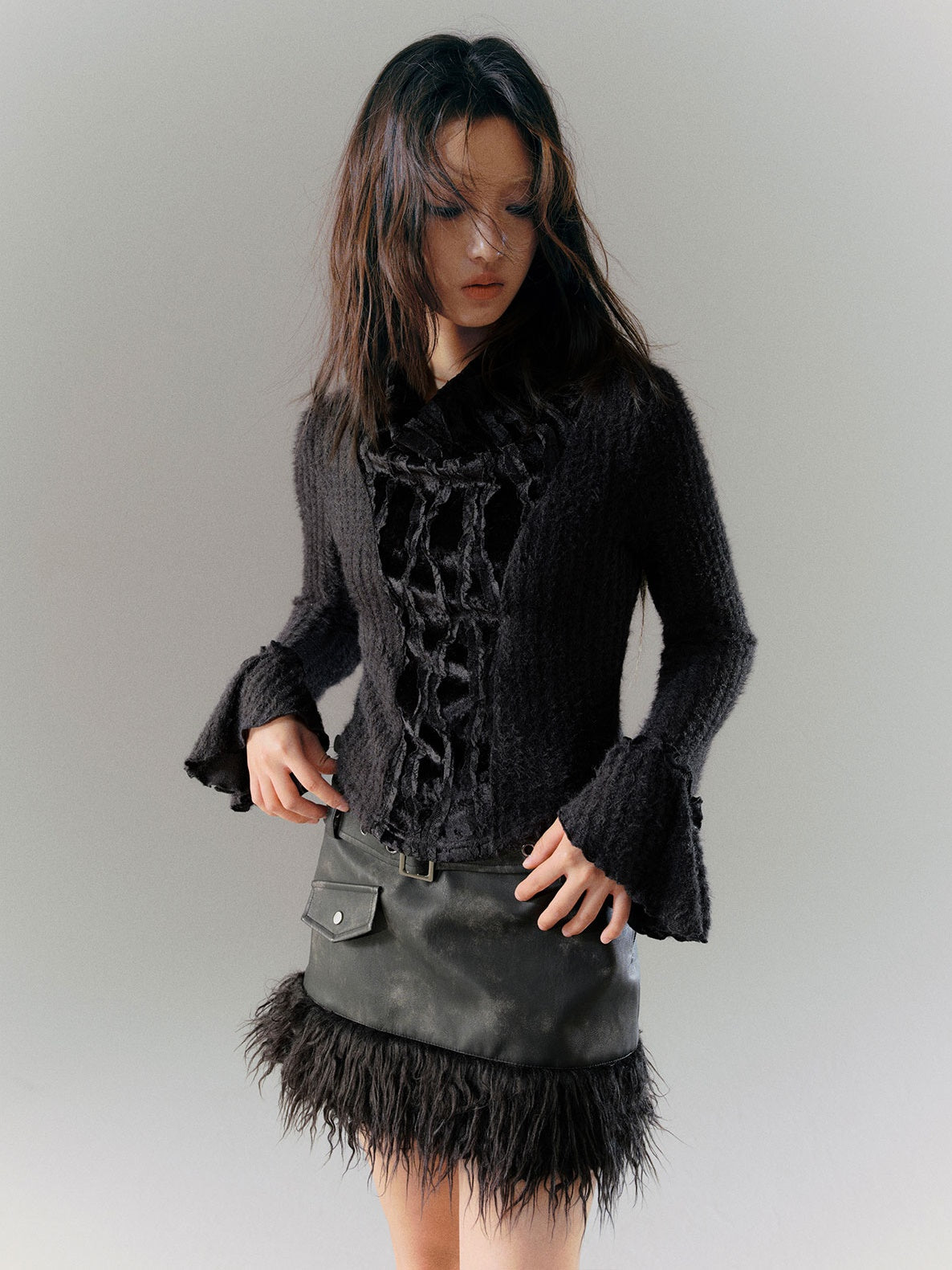 Retro Stitching Fur Double Belt Tie-dye Leather Skirt