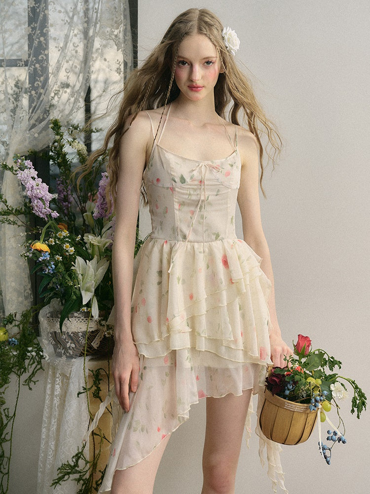 Rose Irregular Ruffle Suspender Dress