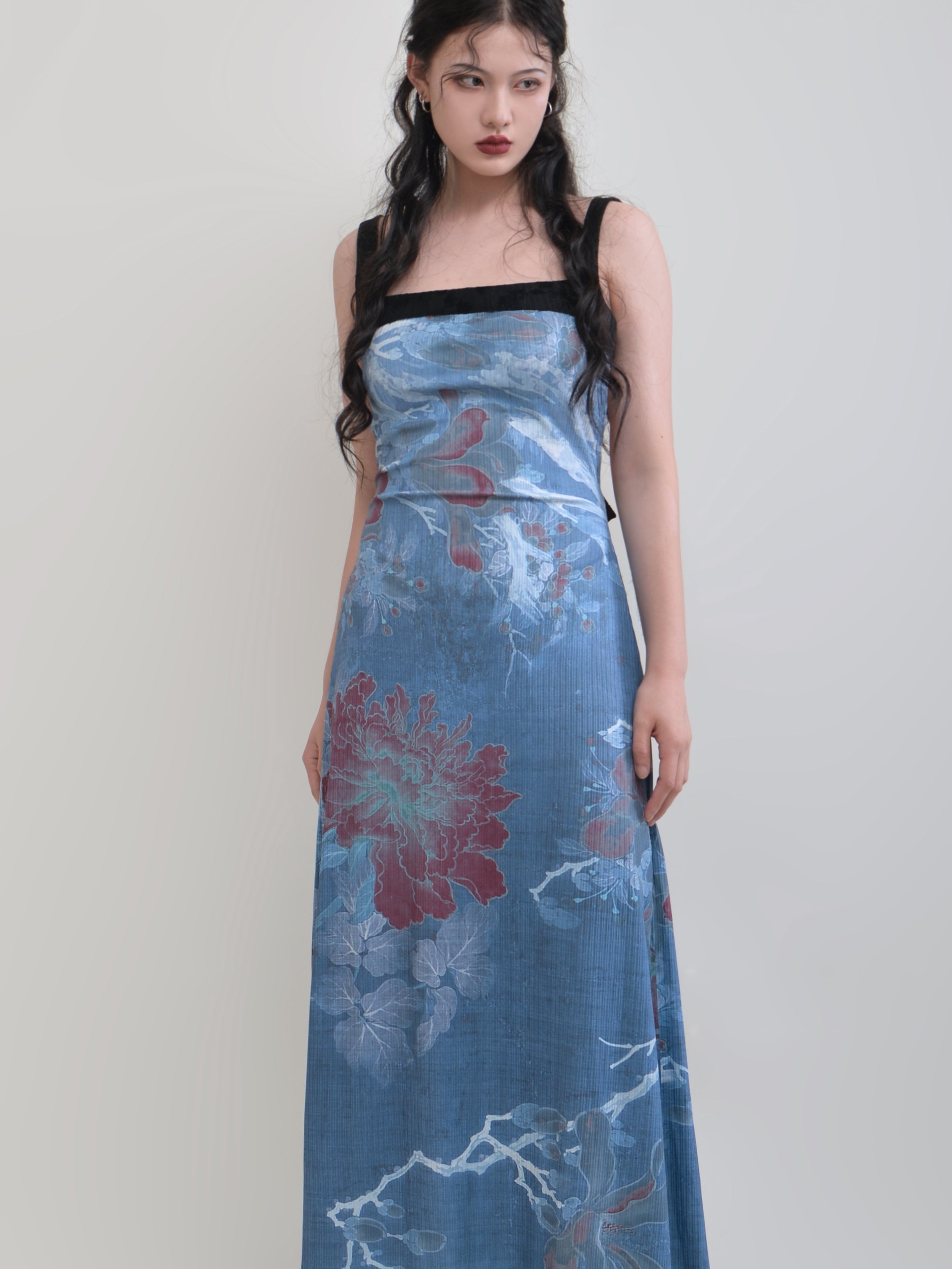 Chinese Style Printing Backless Bow Sleeveless Dress