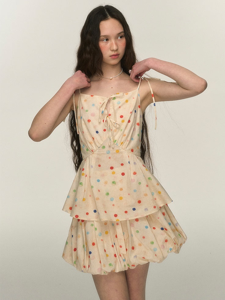 Colorful Polka Dot Print Camisole ＆ Tutu Balloon Skirt