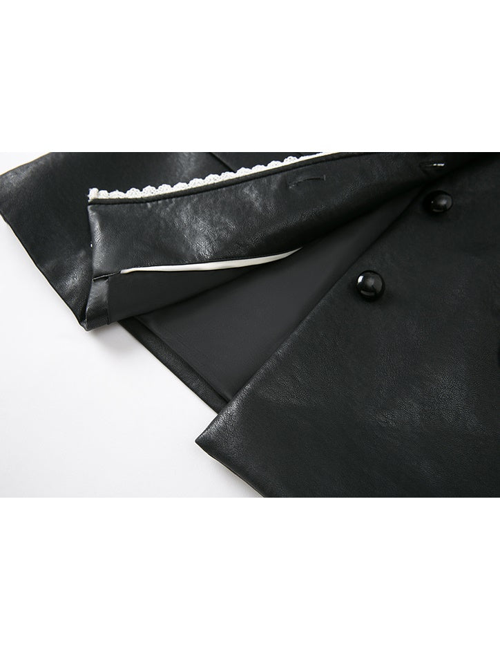 Detachable Fake Collar Lace Leather Jacket