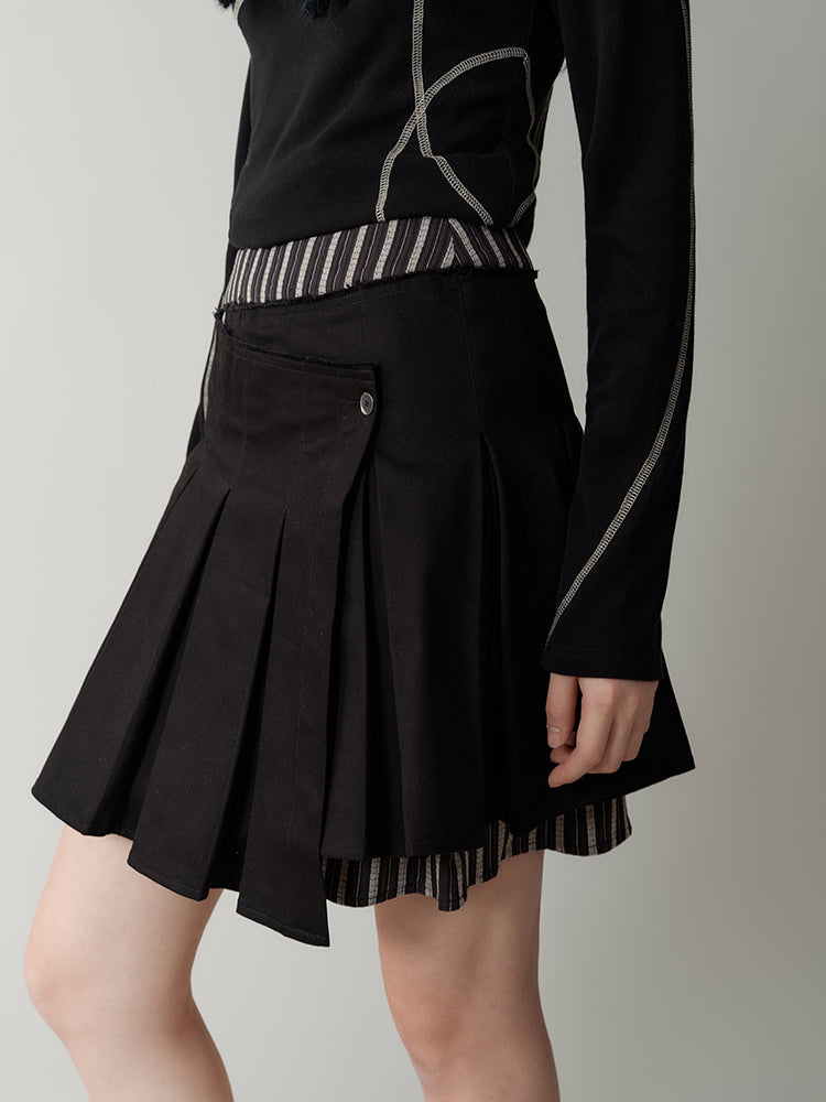 High Waist Striped Splicing Pleated Skirt