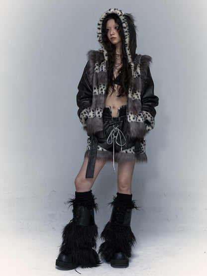 Removable Sleeve Hooded Leopard Print Eco-friendly Fur Jacket