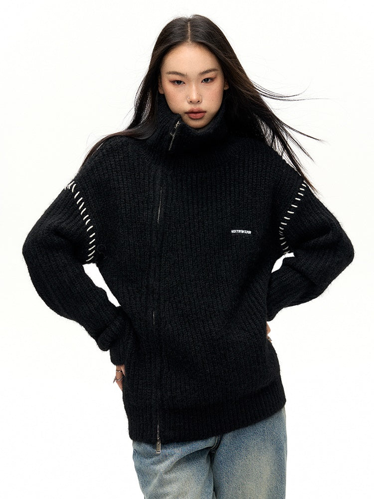 Slant ZIP-Up High Neck Knitted Jacket