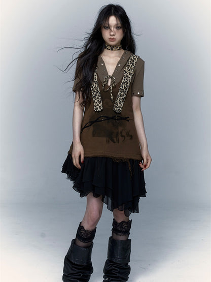 Leopard Strap Irregular Suspender Skirt