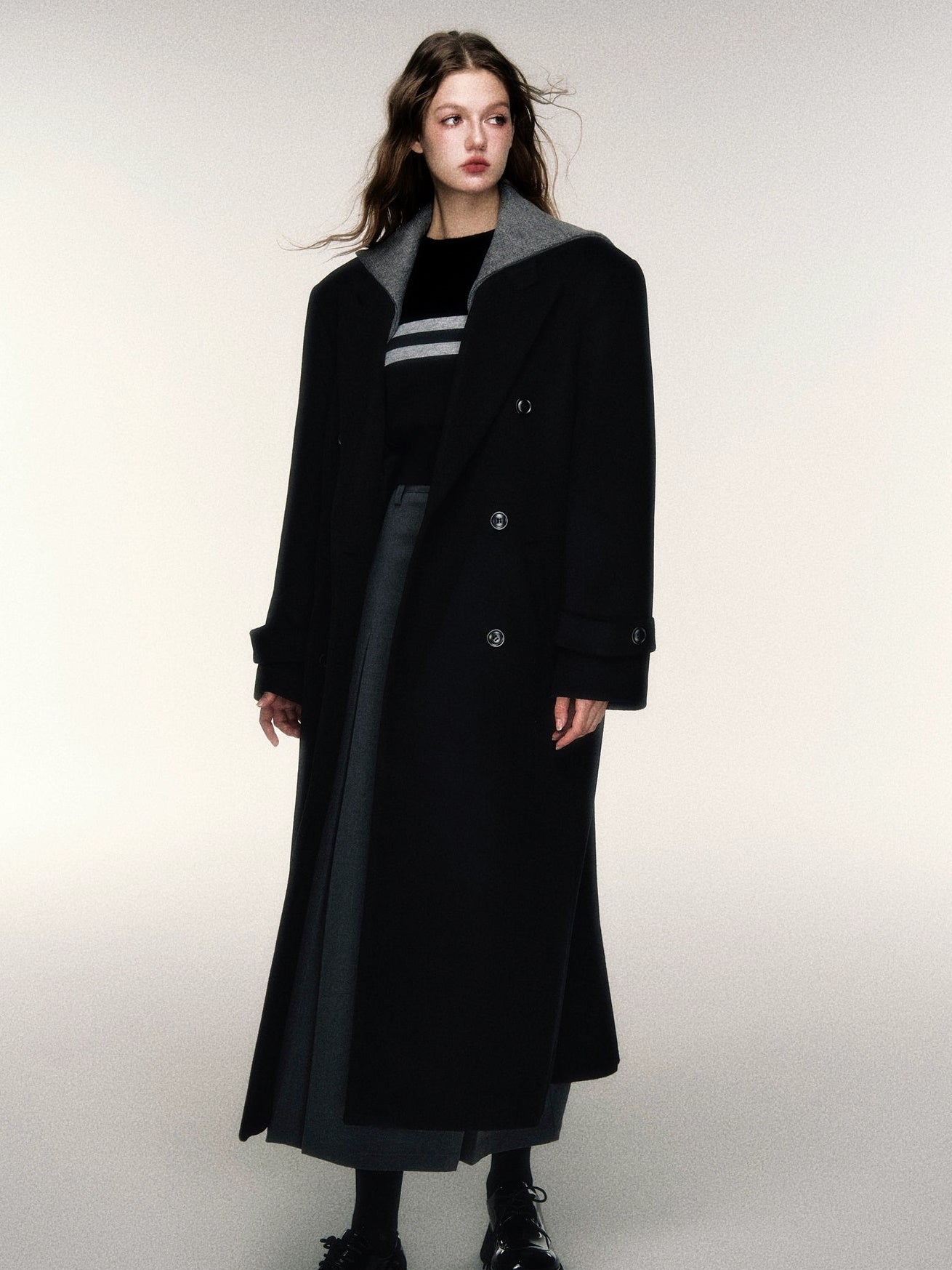 Detachable Navy Collar Double-breasted Coat