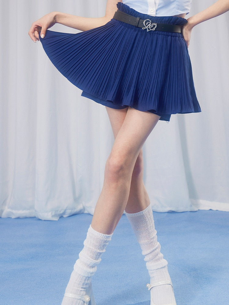 School Girl Puff Sleeve Top &amp; Pleated Skirt