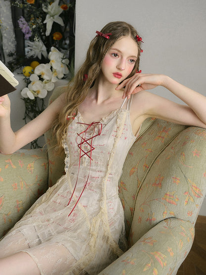 Letter Print Lace Long &amp; Short Suspender Dress