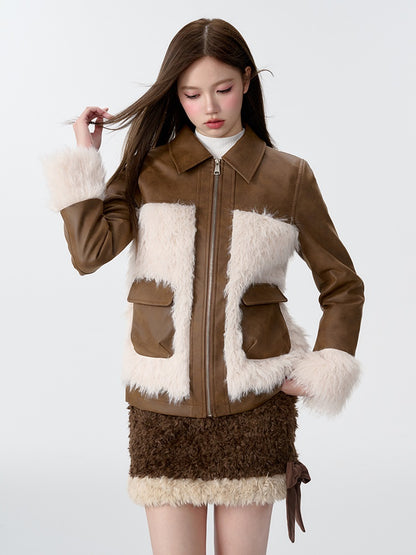 Fur Stitch ZIP-Up Leather Jacket