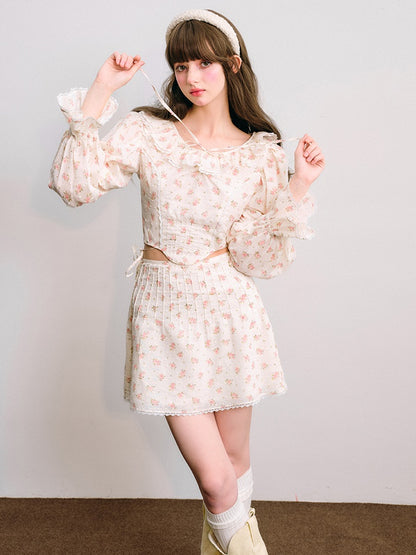 Floral Frill Collar Cropped Shirt ＆ A-Line Mini Skirt