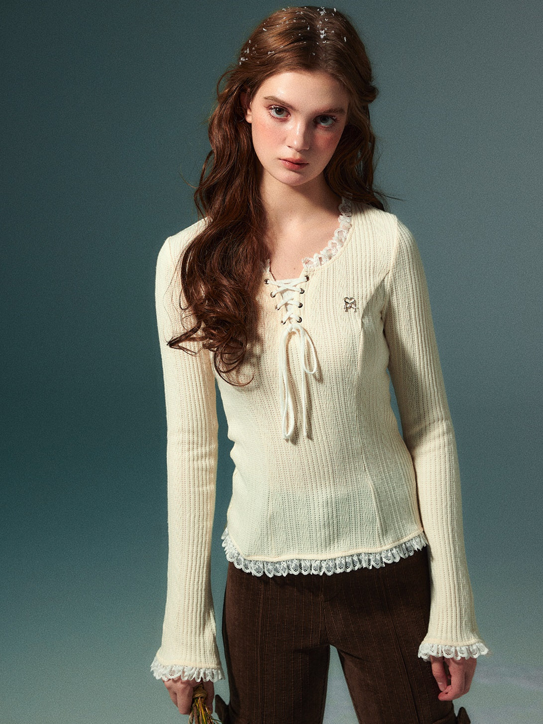 Lace Stitch Knitted Long-sleeved T-Shirt