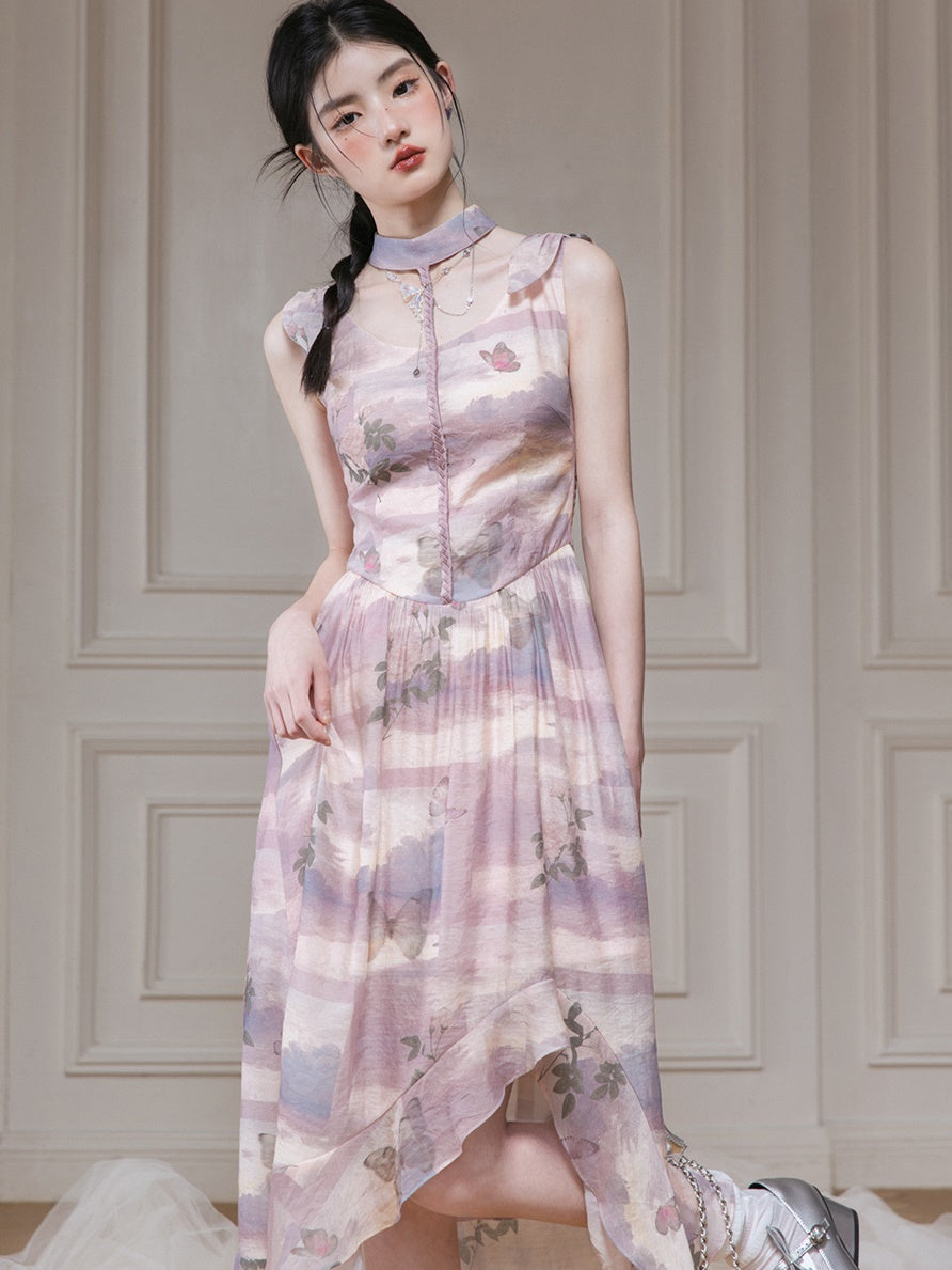 Braided Rose &amp; Butterfly Print Sleeveless Irregular Hem Dress