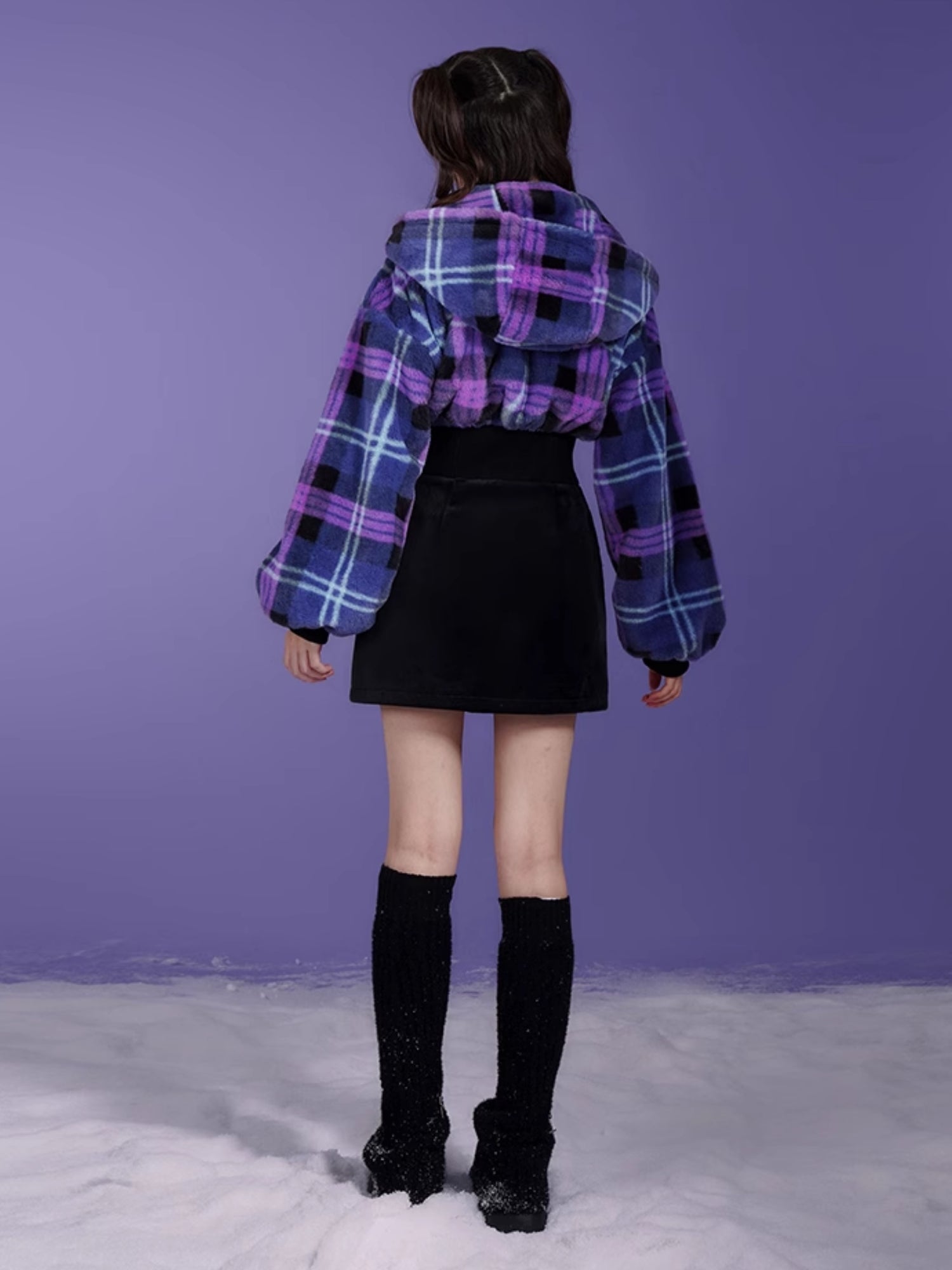 Plaid Fur Plush Switching Design Hooded Dress