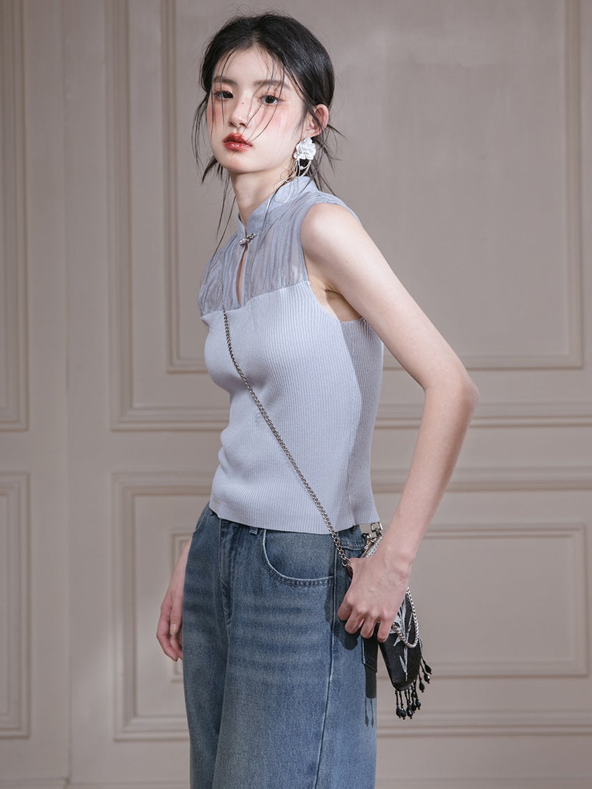 Chinese Style Spliced Knitted Sleeveless Top