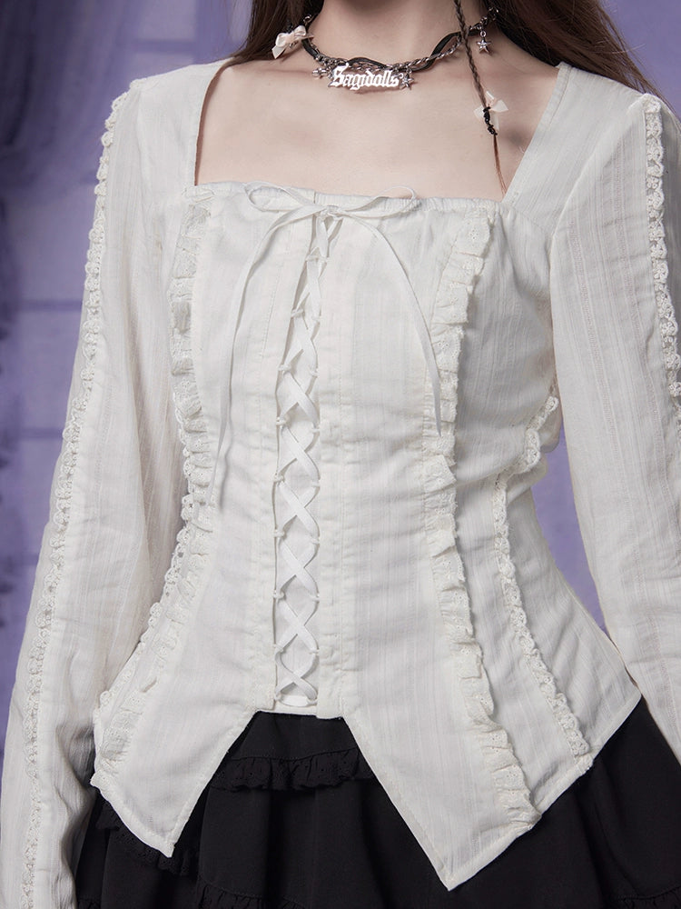 Square Neck French Style Lace-Up Shirt