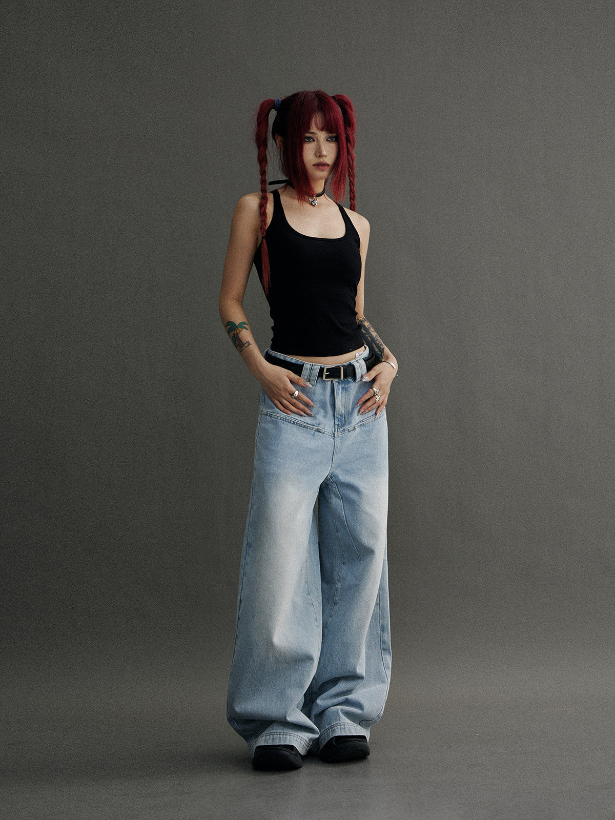 Unisex Faded Wide-Leg Simple Denim Pants