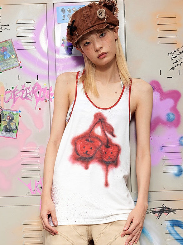 Bear Cherry Print Tank Top