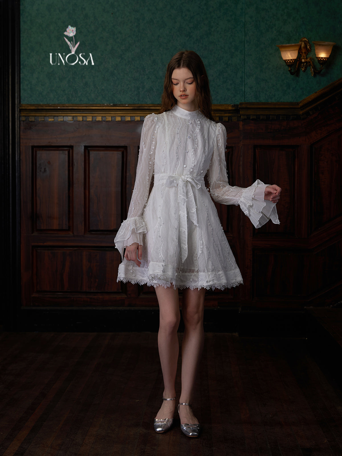 Waist Ribbon Long-sleeved Lace Dress