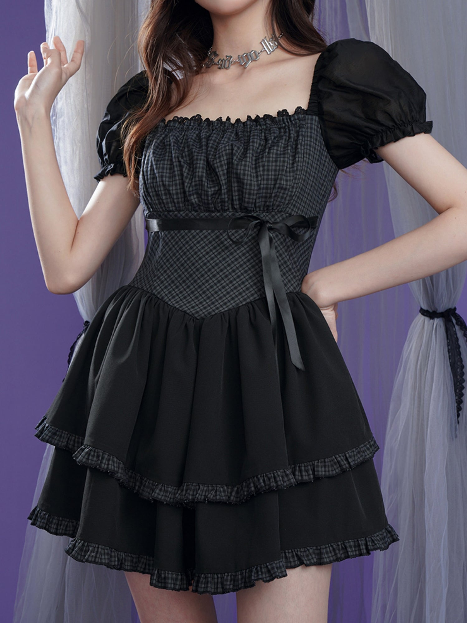 Grid Puff Sleeve Cake Dress