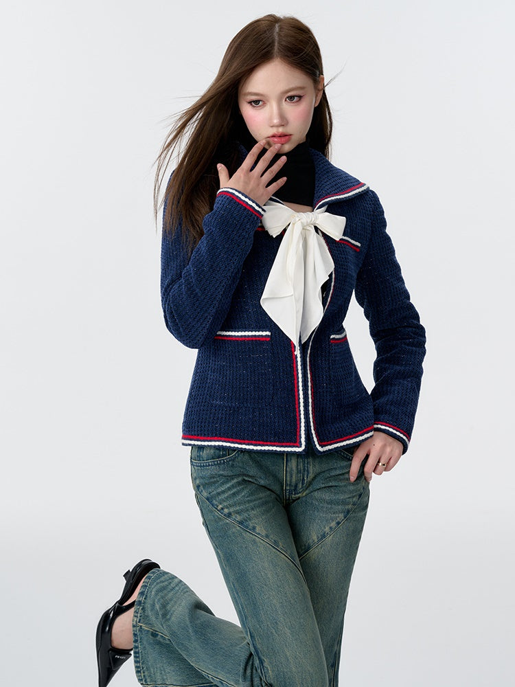 College Style Navy Collar Bow Tweed Padded Jacket