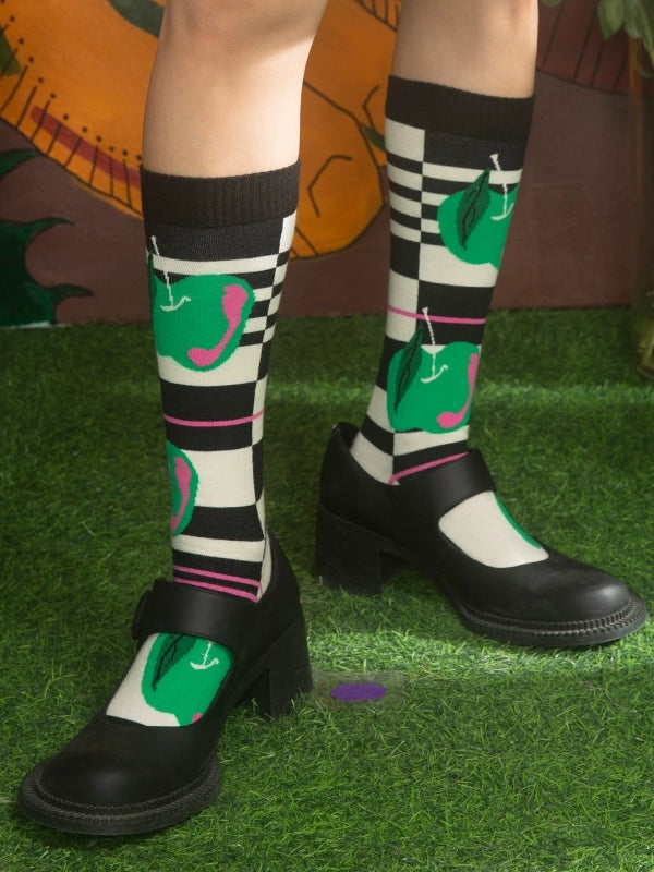 Contrasting Stripes With Green Apple Pattern Socks