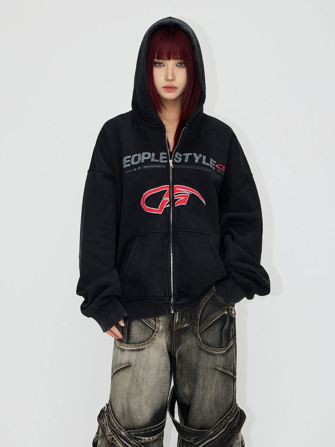 Embroidery Heavy Washed ZIP-Up Hoodie