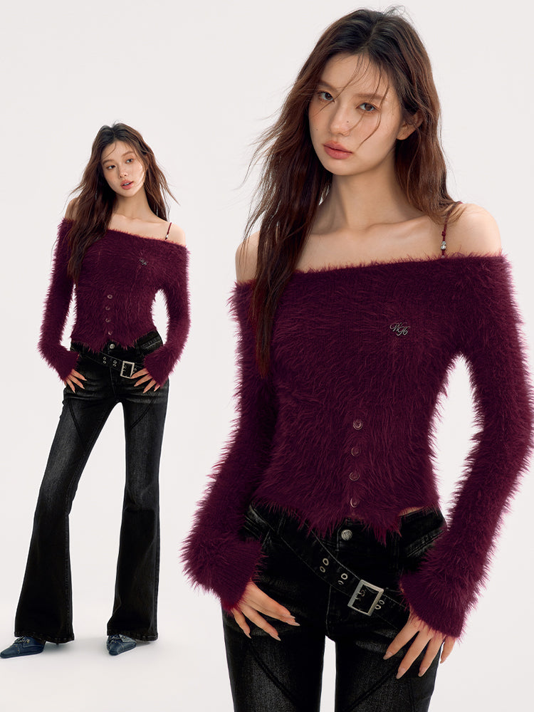 Fluffily Off-Shoulder Strap Mohair-Knit