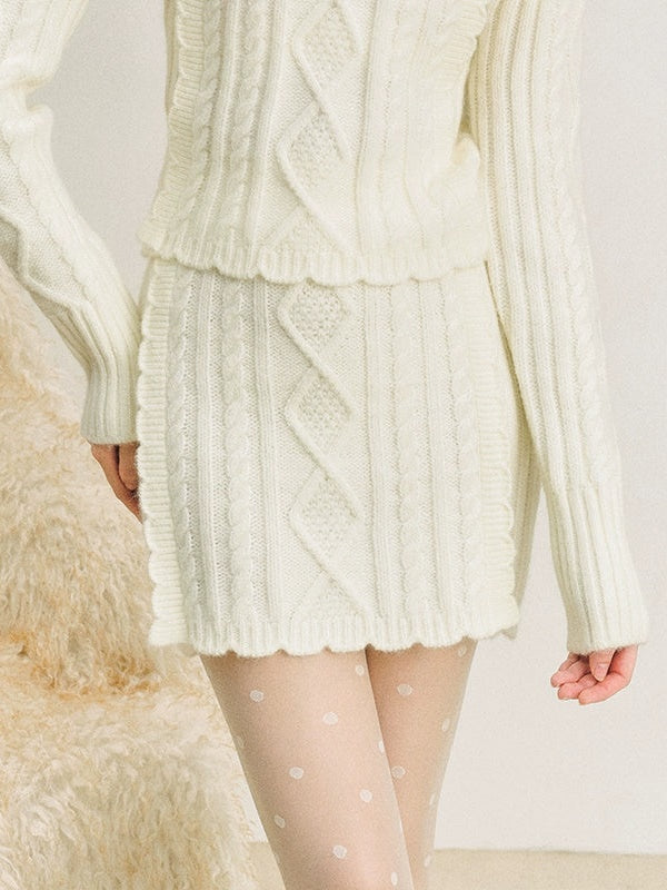 Cable Bottle-Neck Fluffy Knit Sweater ＆ Frill Knitted Skirt