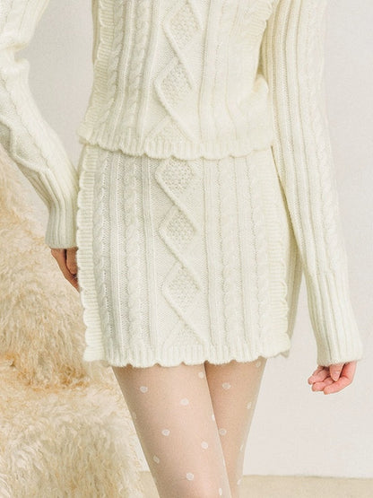 Cable Bottle-Neck Fluffy Knit Sweater ＆ Frill Knitted Skirt