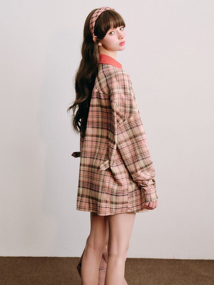 Loose Plaid Shirt &amp; Pleated Skirt