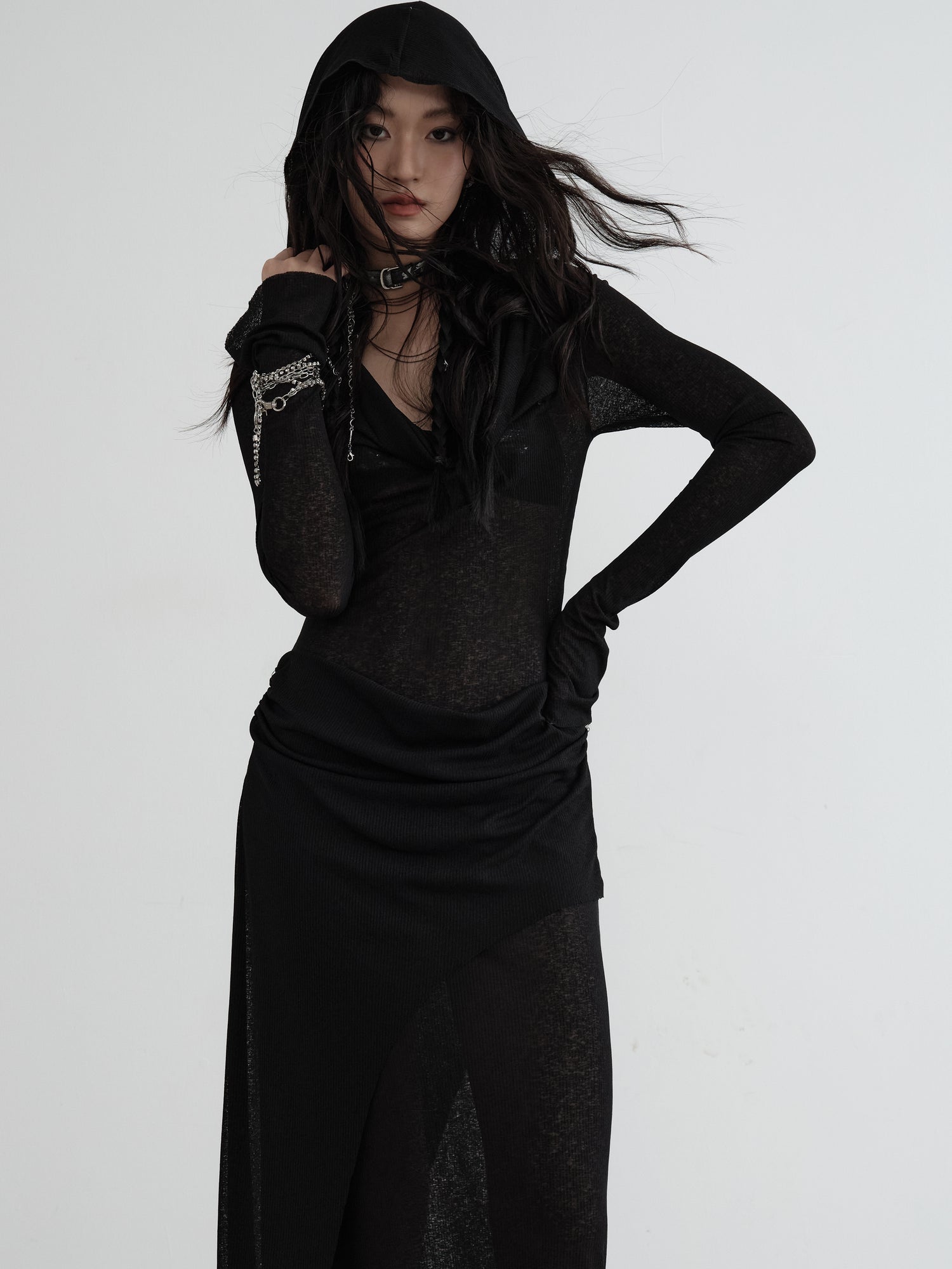 Semi-transparent Knitted Fake Two-piece Layered Hooded Dress