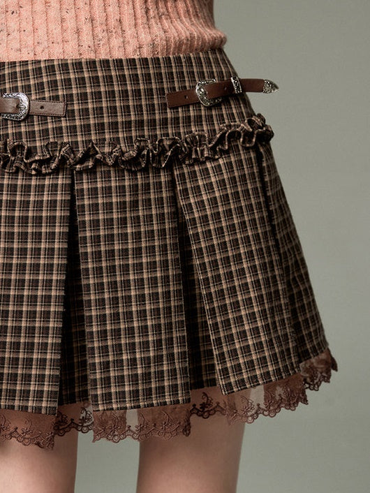 Belt Design Lace Pleated Skirt