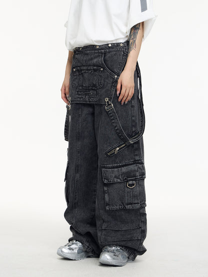 Retro Suspender Design Stitching Denim Pants