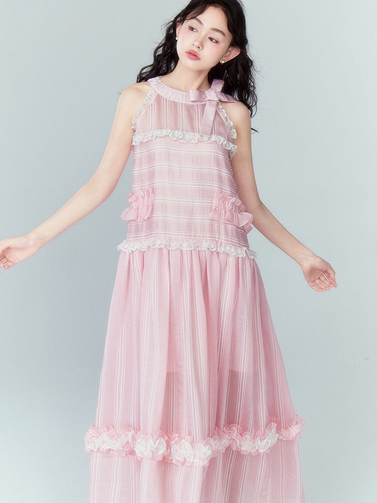 Ruffled A-line Ribbon Hanging Neck Cake One-piece