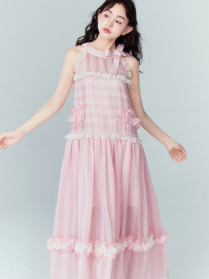 Ruffled A-line Ribbon Hanging Neck Cake One-piece