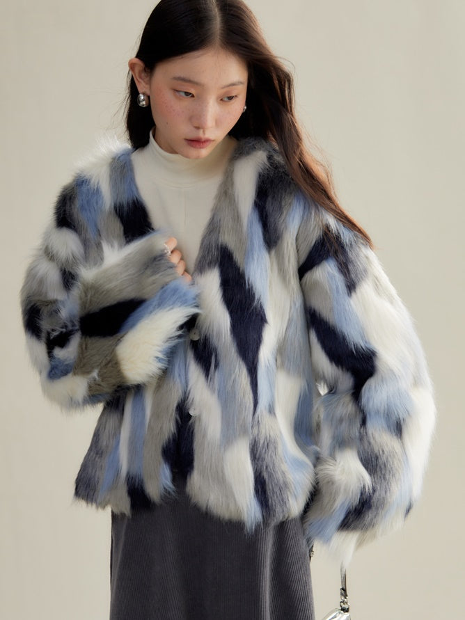 Contrast Color Eco-friendly Fur Short Furry Coat