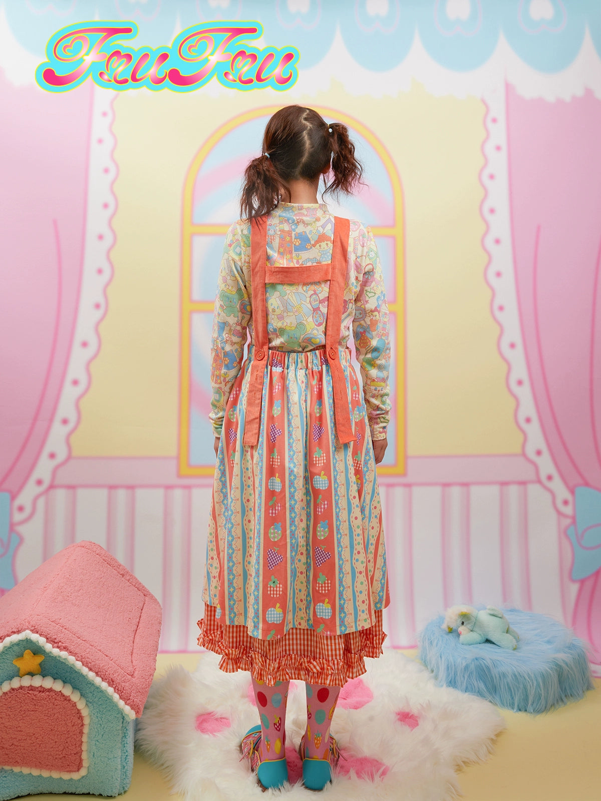 Cartoon Bear Plaid Splicing Embroidered Apron Dress