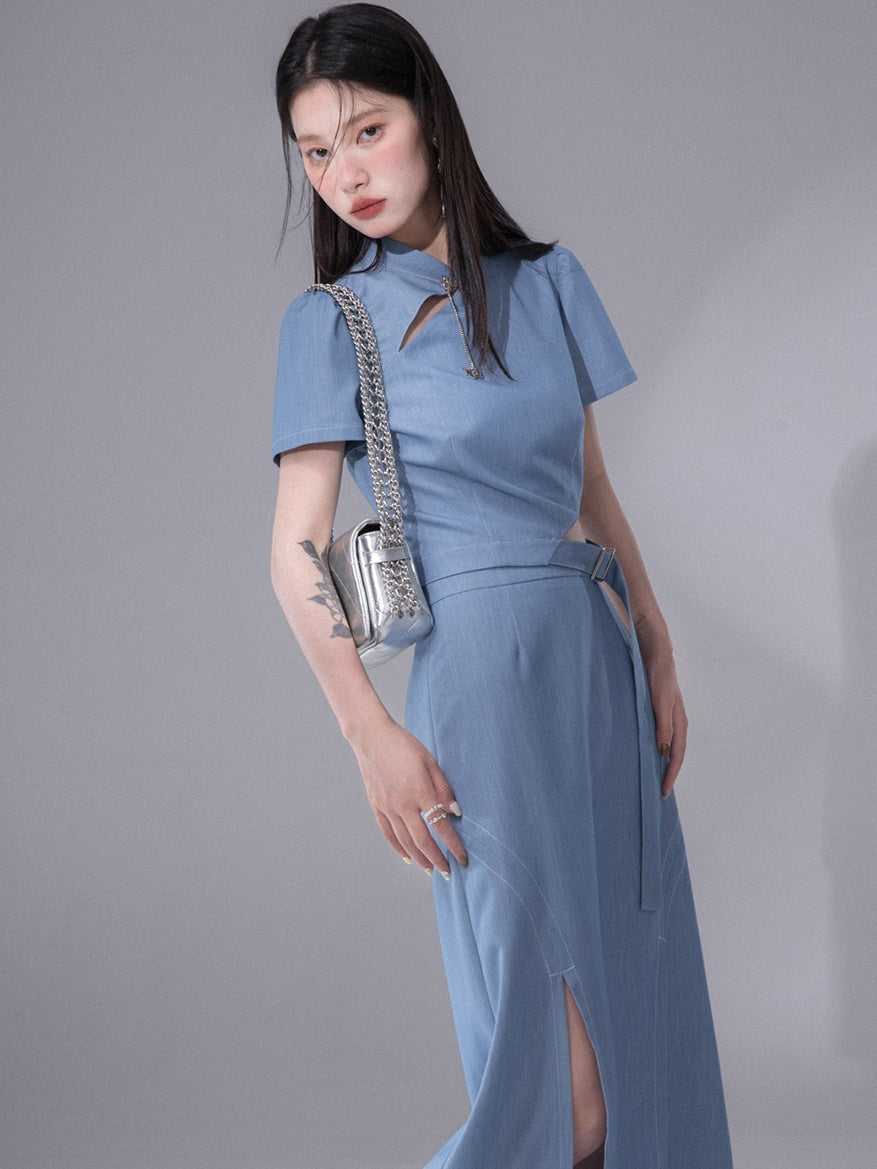 Cut-out Chinese Short Sleeve Top &amp; Slit Skirt Set-up